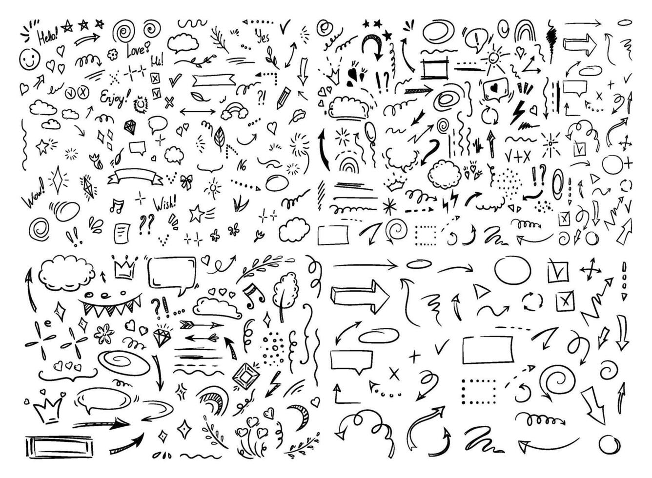 Simple sketch line style elements. Doodle cute ink pen line elements isolated on white background. Doodle arrow, heart, star, decoration symbol, icon set. Vector illustration.