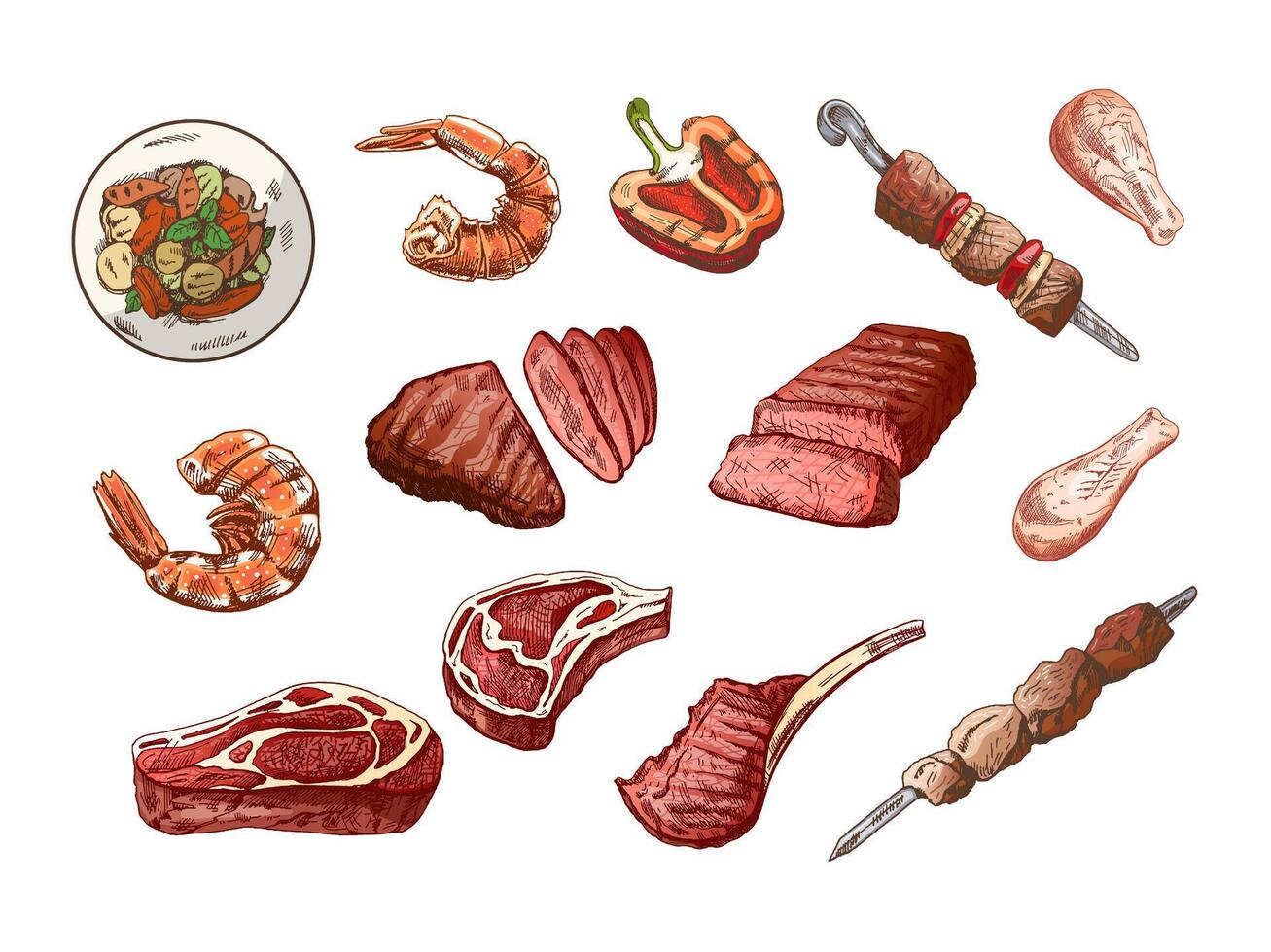 A set of hand-drawn colored sketches of different types of meat, steaks, shrimp, chicken, grilled vegetables, barbecue. Doodle vintage illustration. Engraved image. vector