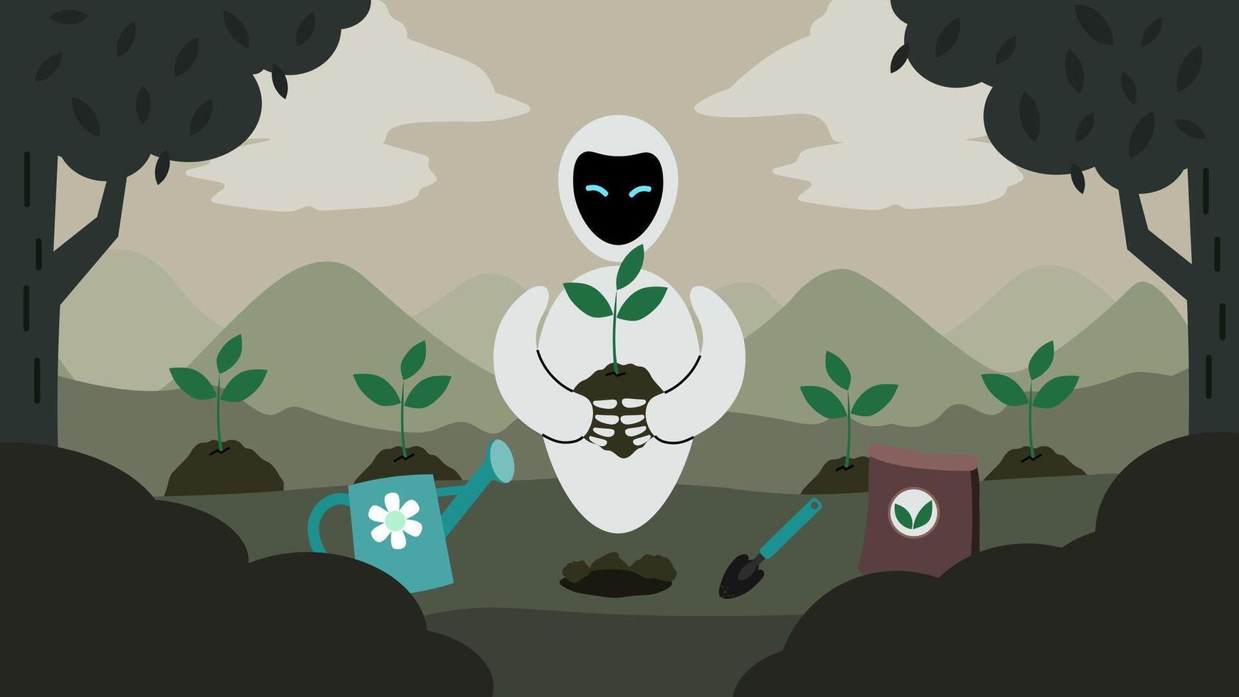 Robot planting tree Pro Vector