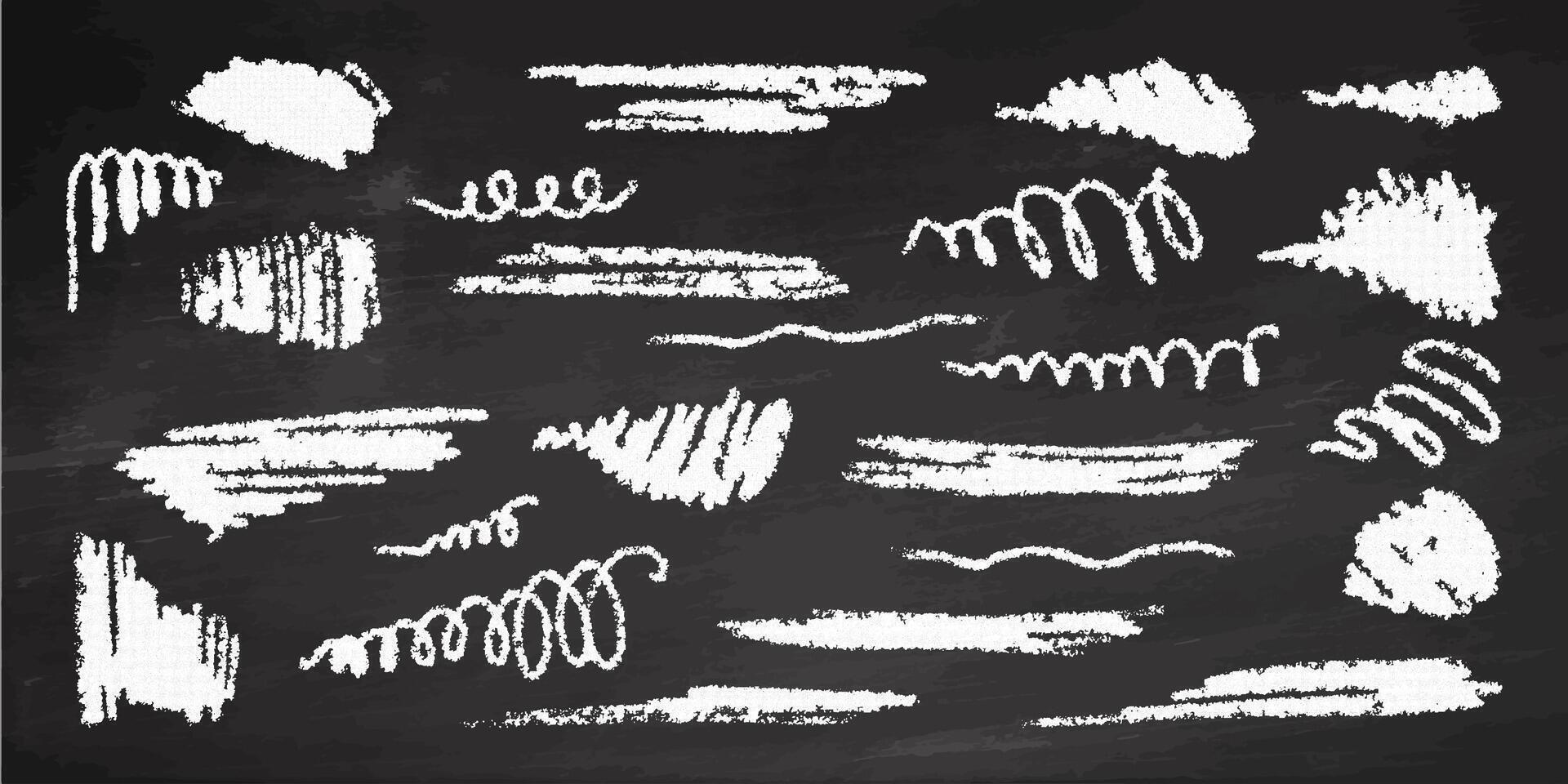 Hand-drawn underlining elements, brush with crayon effect, chalk texture on chalkboard background. Chalk stroke. Vector illustration in children's style. Crayon brush white underline.