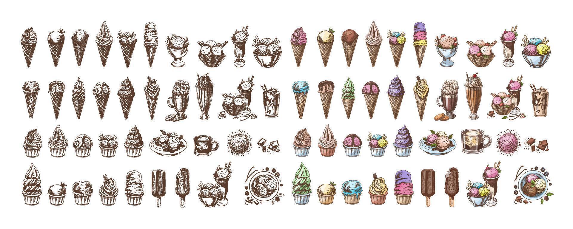 Big hand-drawn colored and monochrome sketch of ice cream or frozen yoghurt in cups and cones, milkshakes, ice cream on a stick, cupcakes, cookies. Vintage illustration. Set. vector