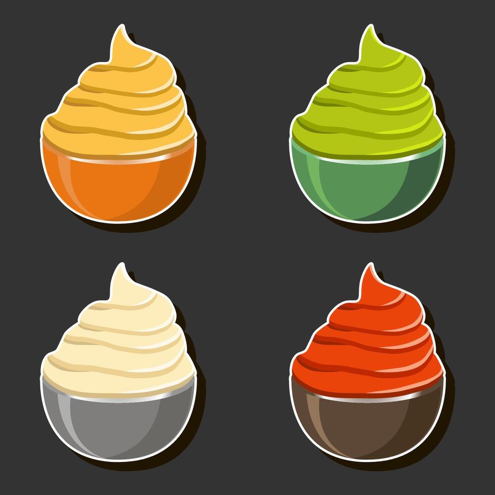 set various types beautiful tasty edible bright sauce consisting of various ingredients vector