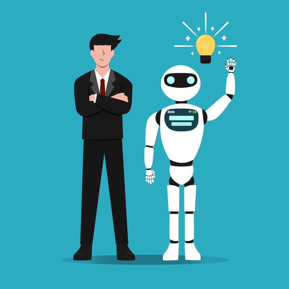 Businessman and robot collaborating on ideas Pro Vector