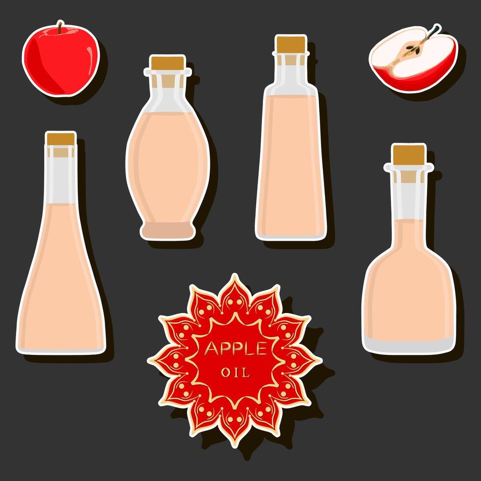 Illustration on theme big set different types liquid oil, bottle various size vector