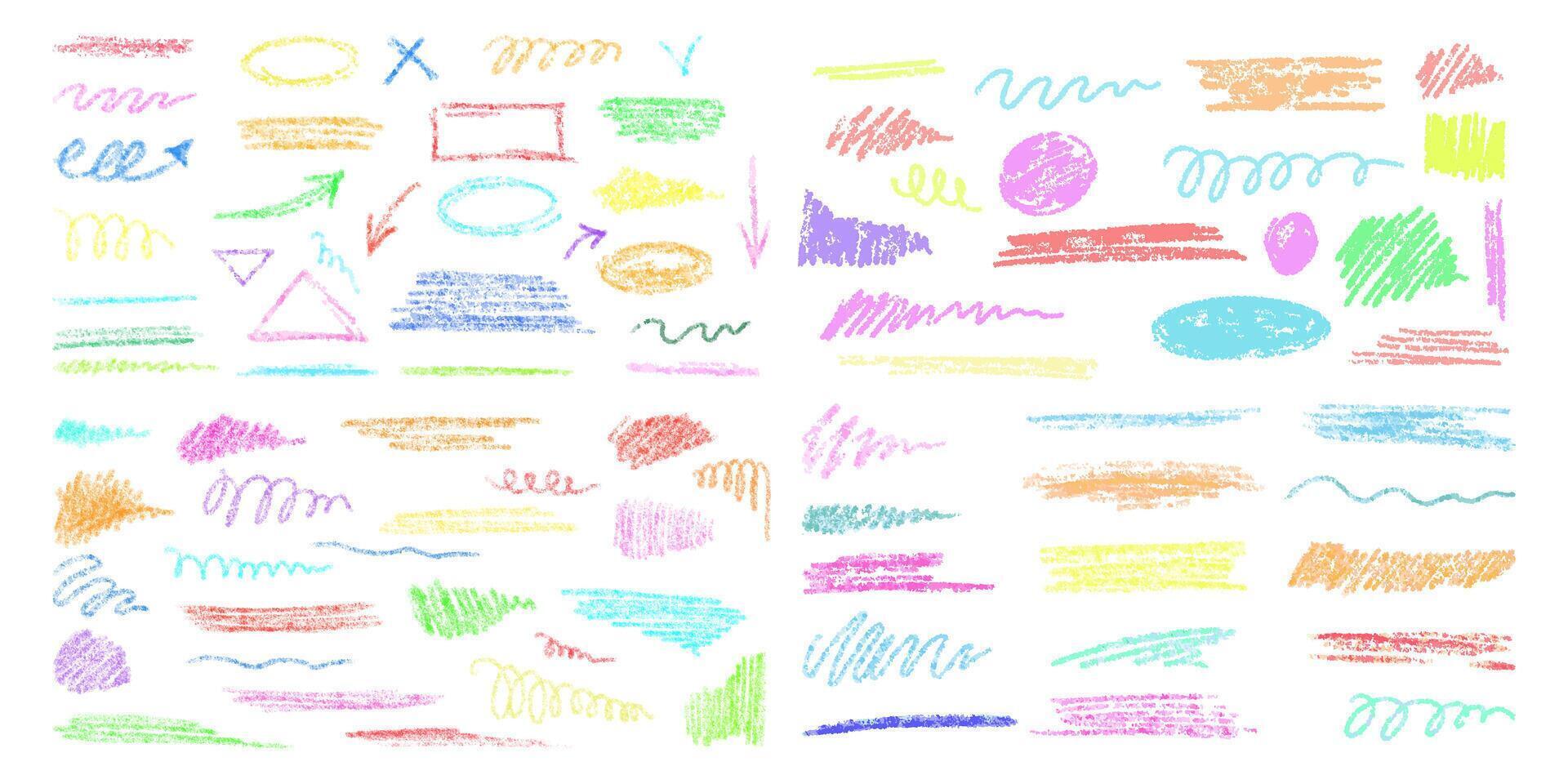 Hand-drawn underlining elements, brush with crayon effect, chalk texture. Chalk stroke for highlighting. Vector illustration in children's style. Crayon brush colored underline.