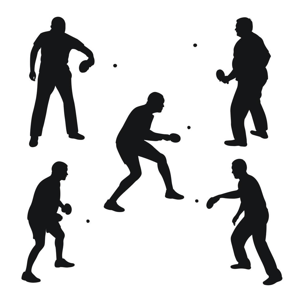 Set of black silhouettes of tennis players with racket and ball, isolated vector