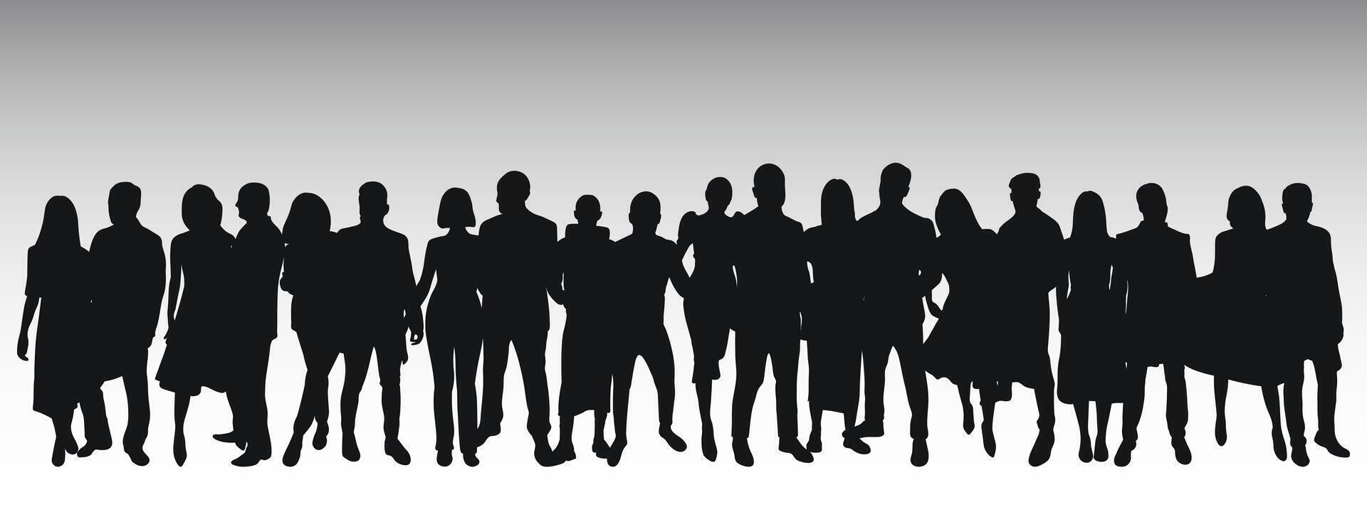 Black silhouette of young couples of guys and girls, crowd, group, team, band, isolated vector