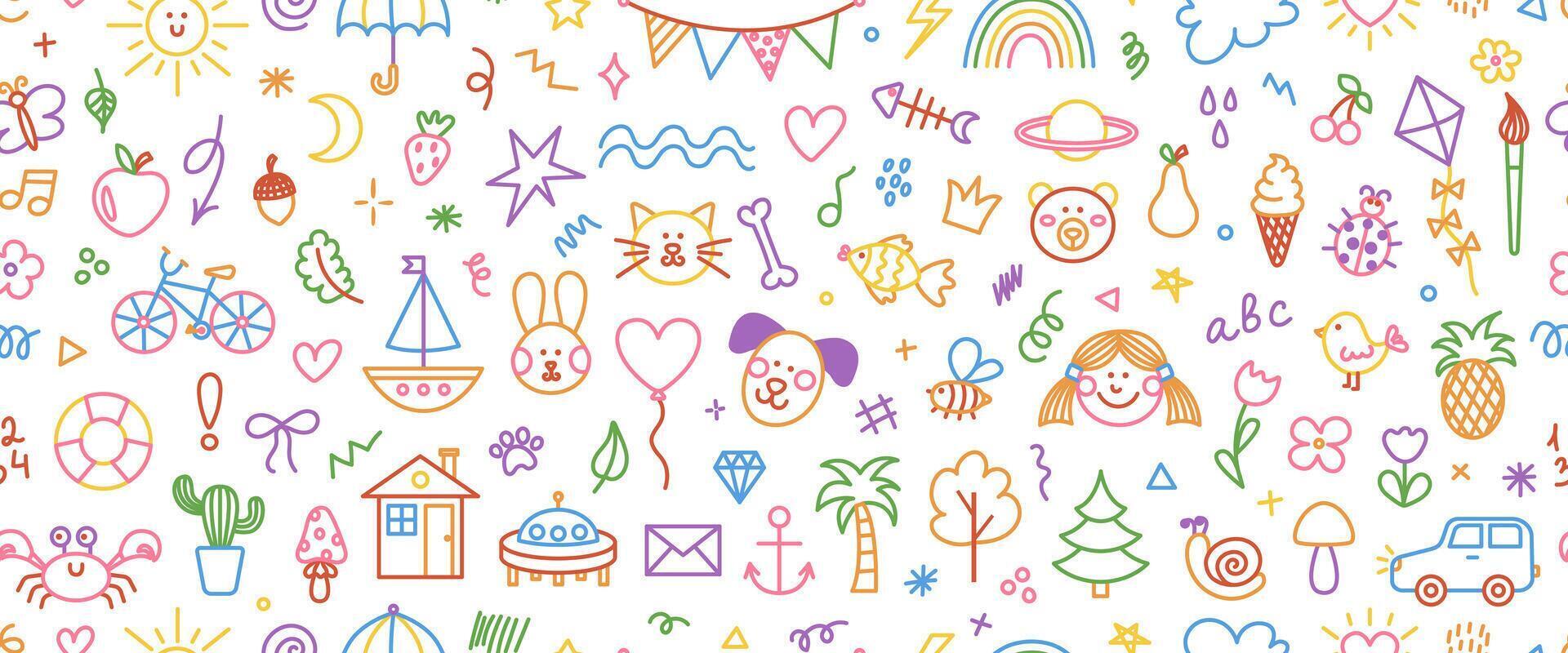 Cute colourful hand drawn doodle vector seamless pattern of simple kids decorative elements. Collection of scribble, animal, flower, sun, cloud