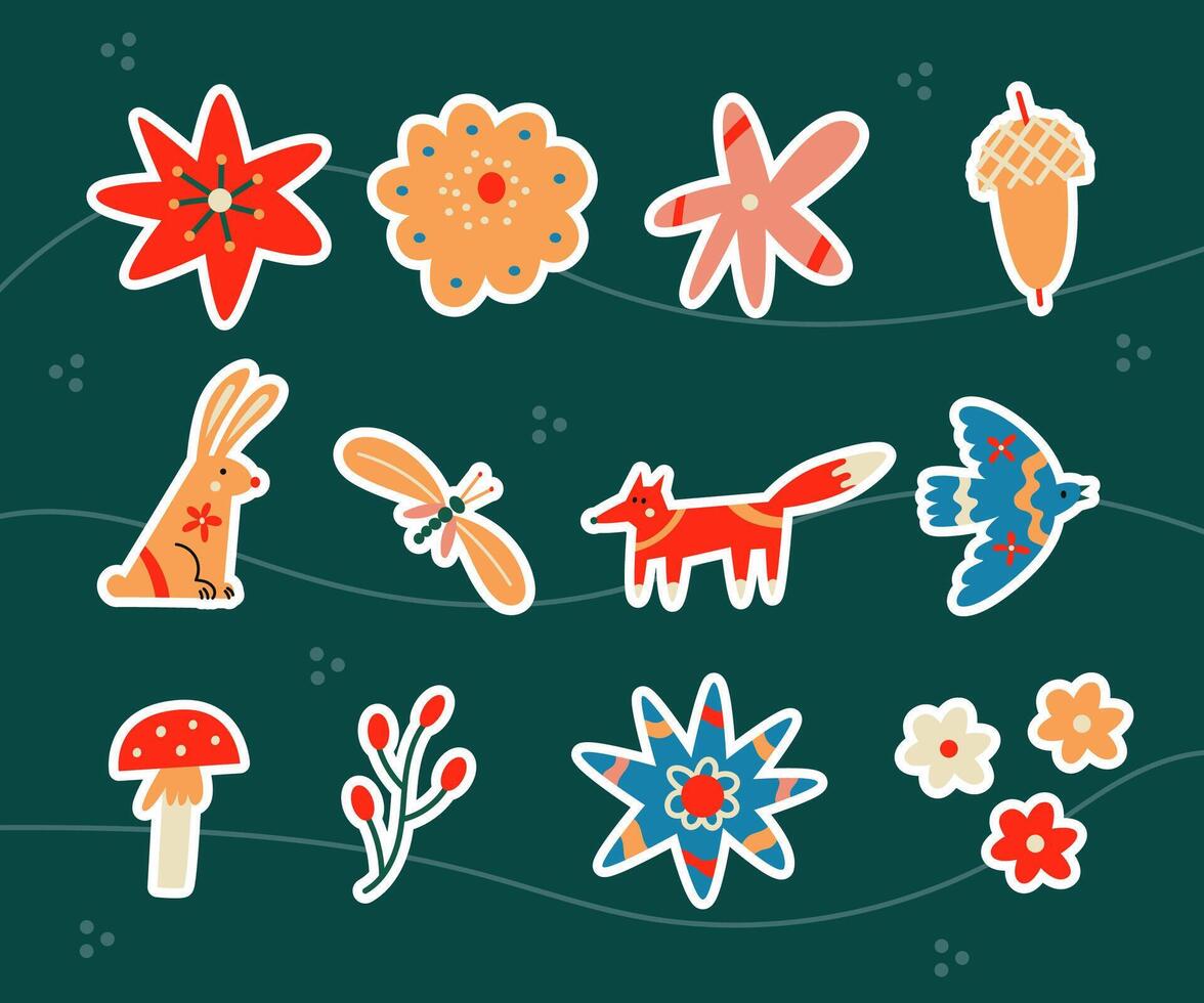 Set of scandinavian animals and flowers stickers vector