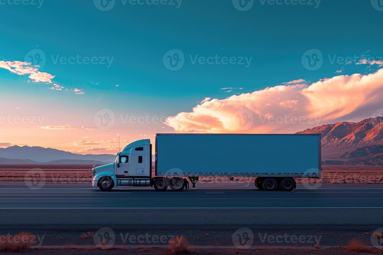 AI generated Cargo truck in motion with a white empty trailer on a highway road in the united states. photo