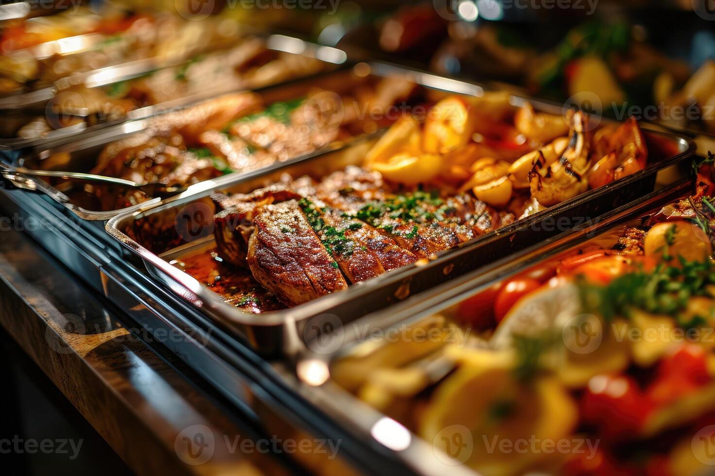 AI generated Catering buffet food indoor in restaurant with grilled meat. photo