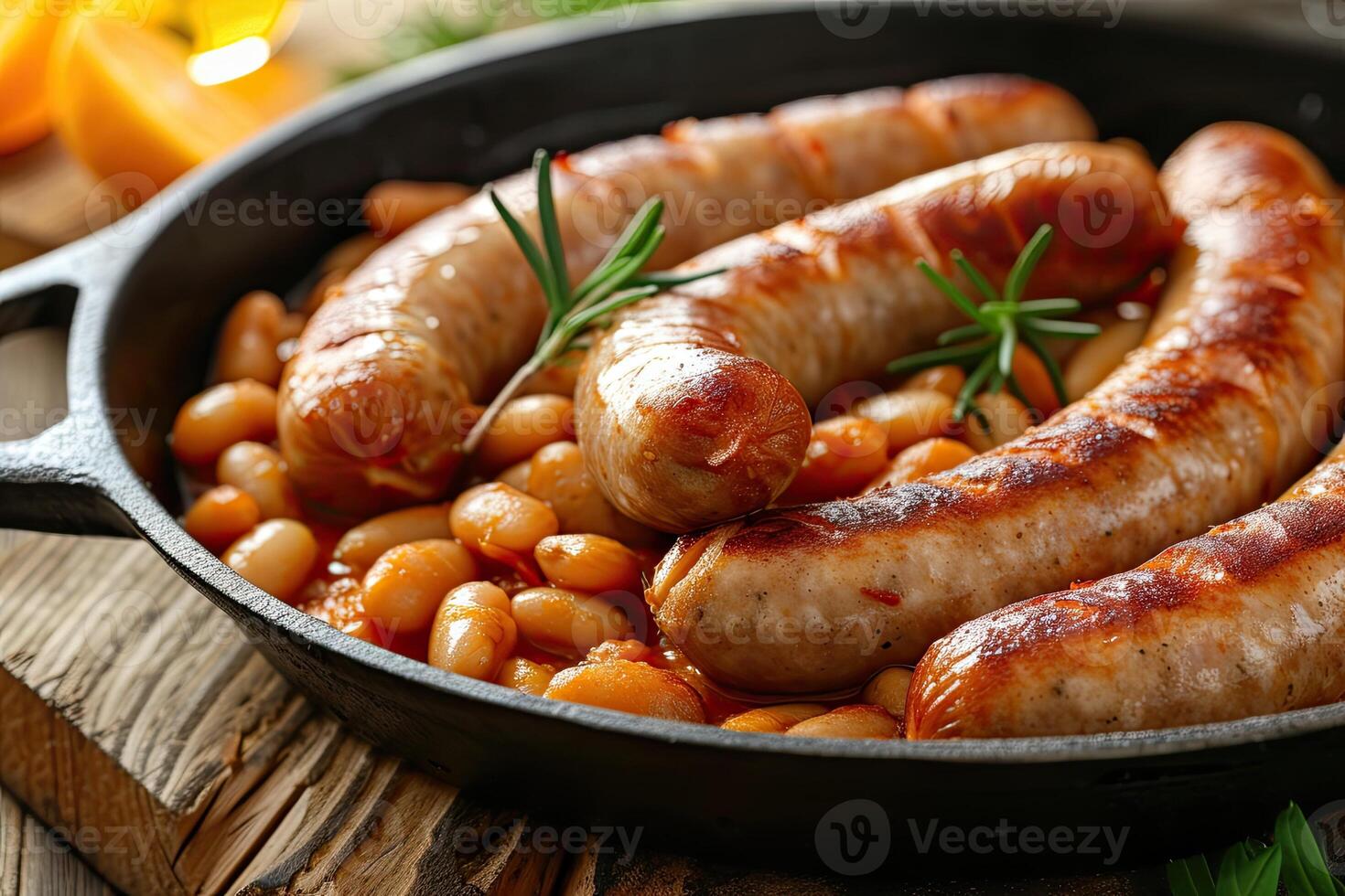 AI generated Grilled sausages with baked white beans in tomato sauce in frying pan photo