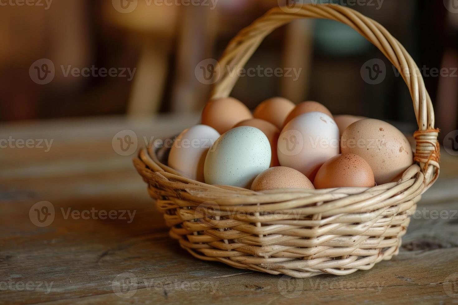 AI generated Chicken eggs in a basket. photo