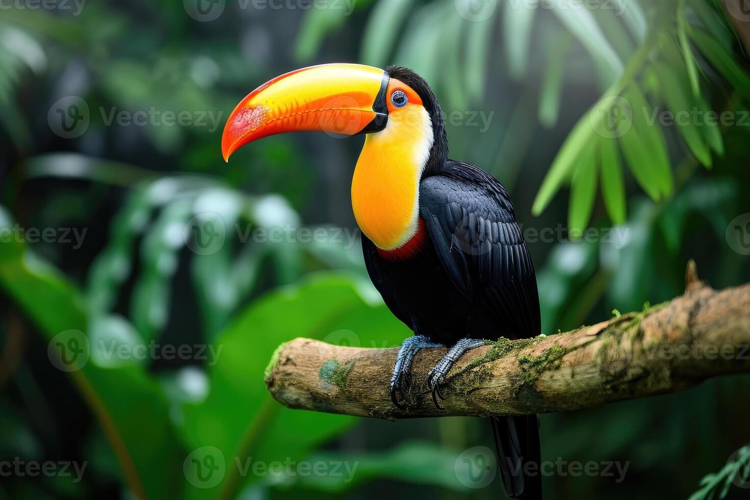 AI generated Toucan sitting on a branch in the rainforest. Generative AI photo