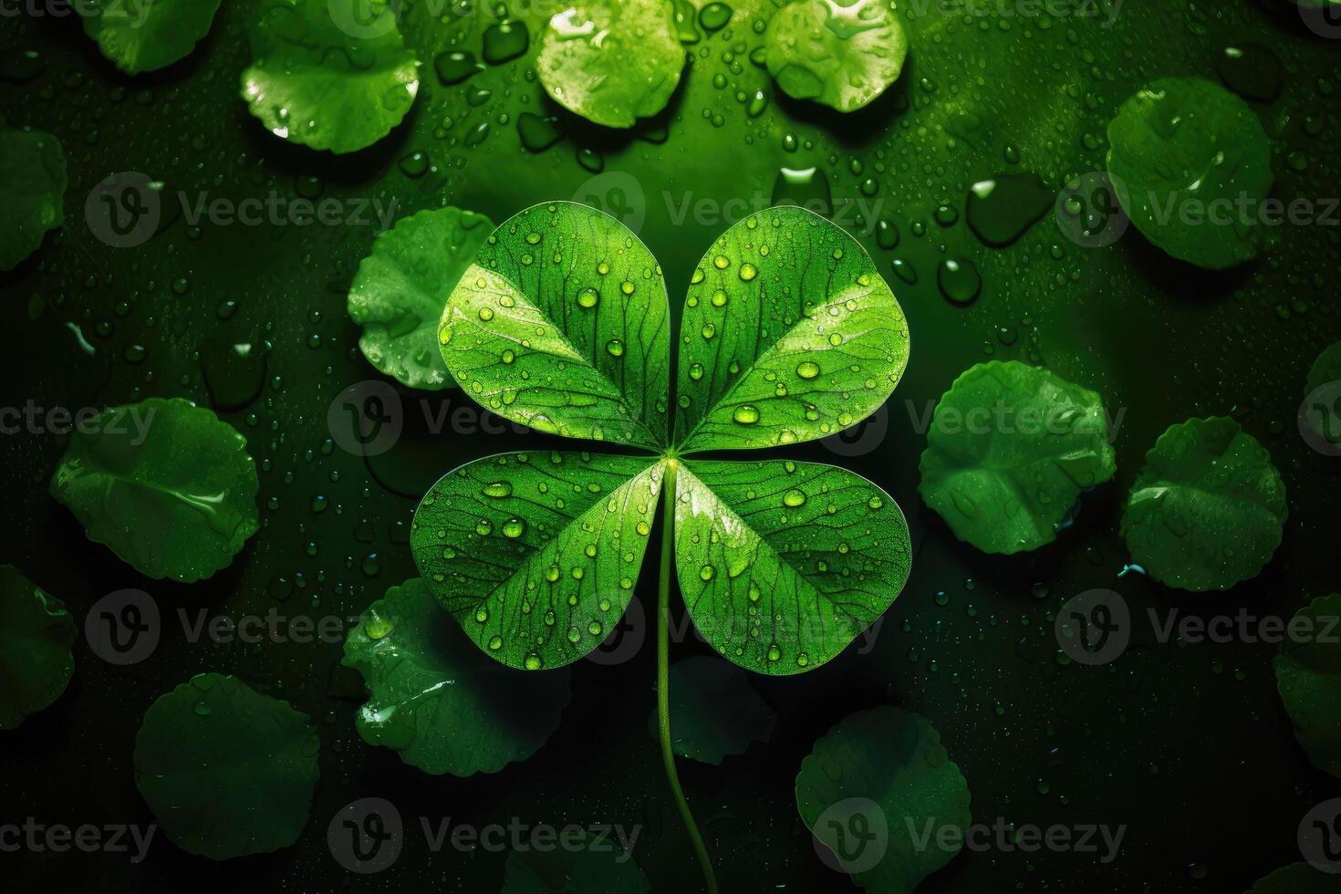 AI generated A group of clovers with water drops photo