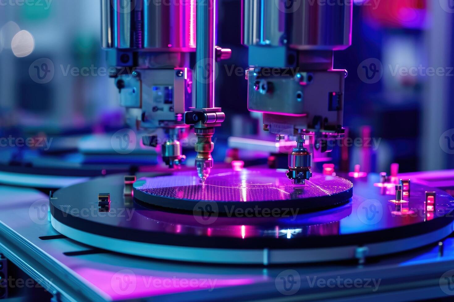 AI generated Robotic manufacturing of semiconductors and computer chips from silicon wafers. Modern technology concept photo