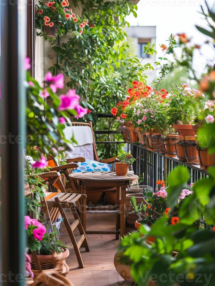 AI generated Beautiful balcony with comfortable chairs, wooden table and many potted flowers plants. Generative AI photo