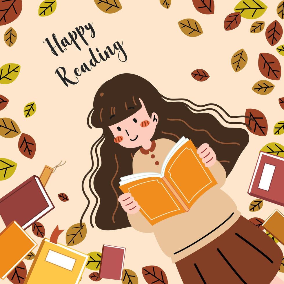 A cute girl reading a book and enjoy studying outside lying on the lawn in clear sky day. World book day concept cartoon flat vector illustration. International literacy day.