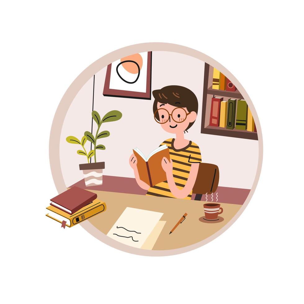 un chico leyendo un libro y disfrutar estudiando en su habitación aislado en blanco antecedentes. mundo libro día concepto dibujos animados plano vector ilustración. internacional literatura día.