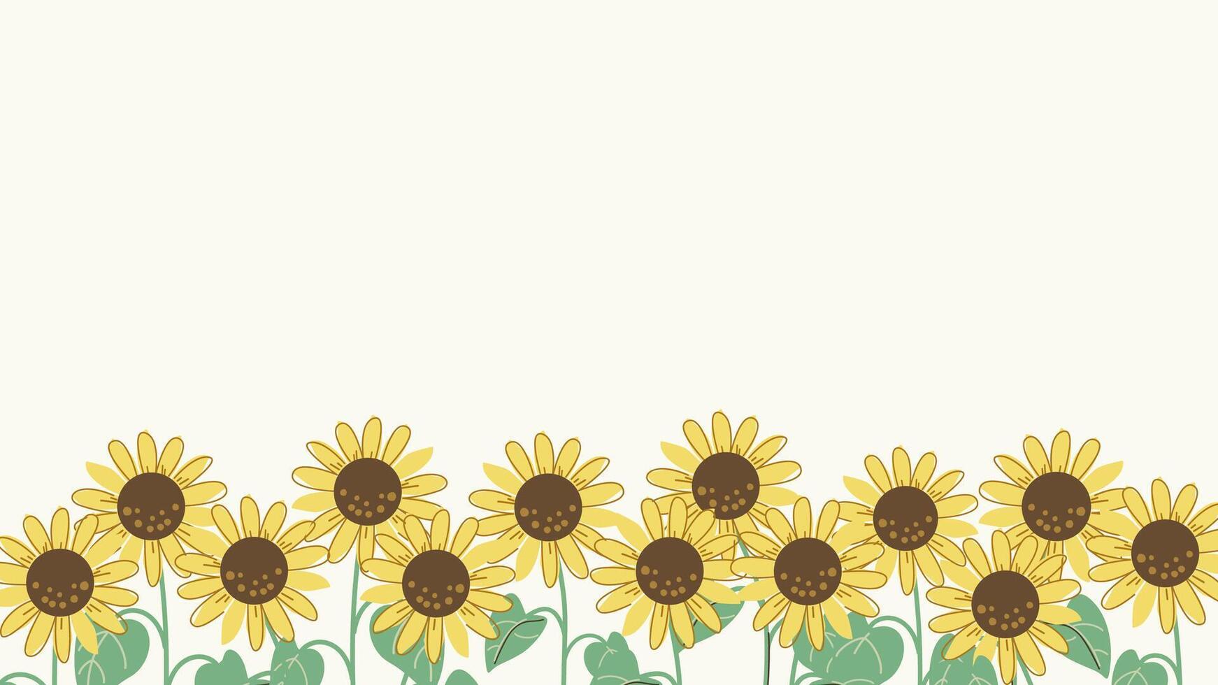 Cute sunflowers at bottom on yellow background flat vector illustration with blank space.