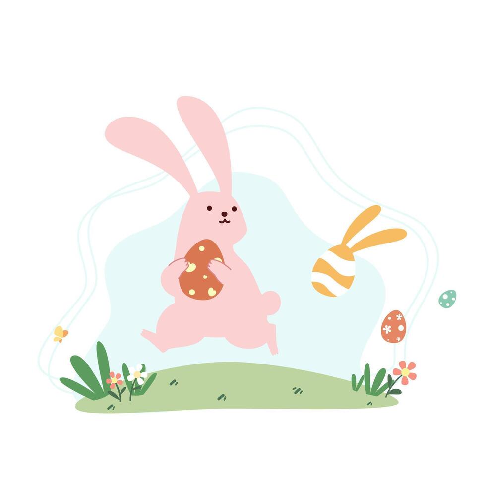 Cute pink buuny hold an easter egg and running on the grassland flat vector illustration isolated on white background. Happy Easter. Cute pastel animal character.