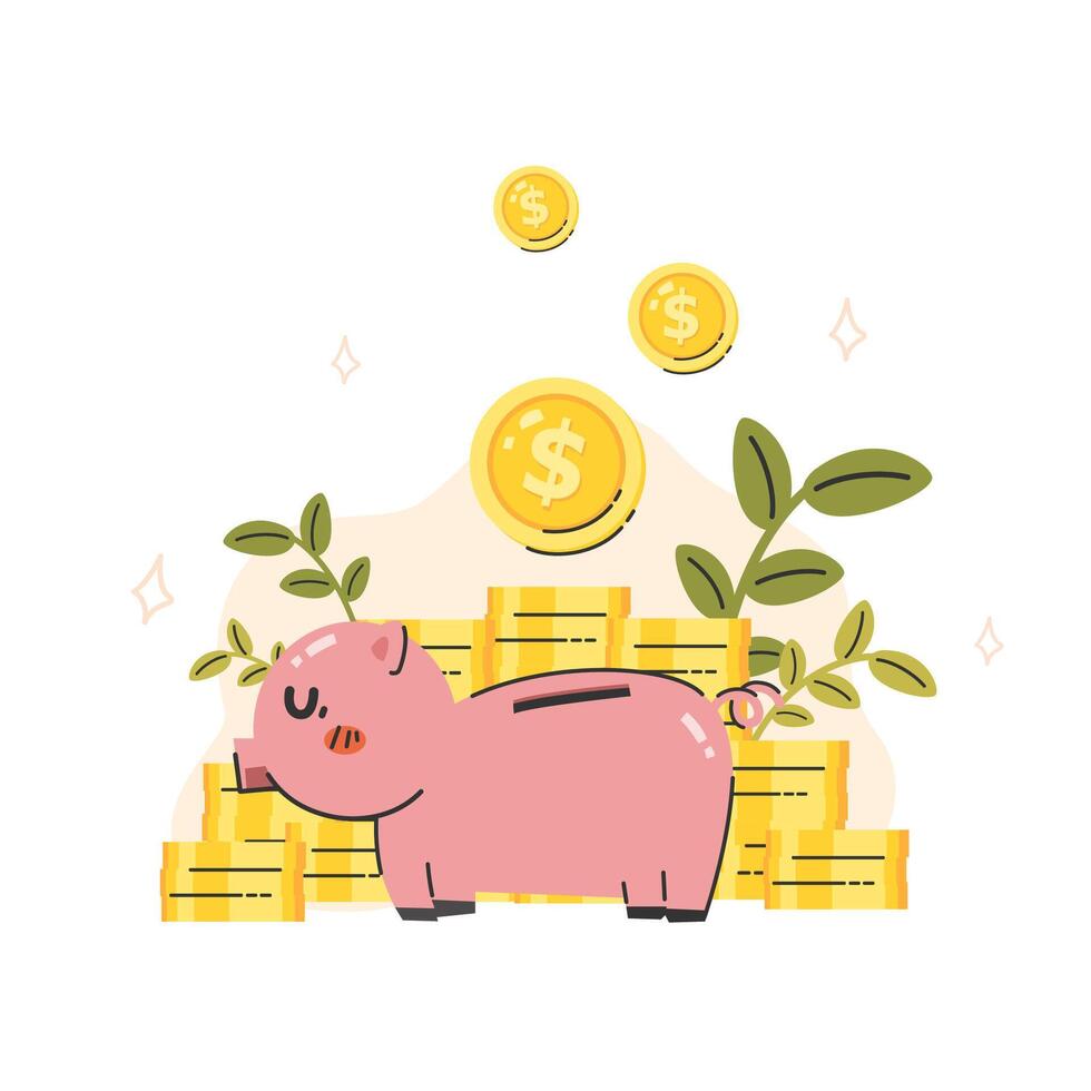 Pink piggy bank and coins dropping decorating with a pile of dollar coins and branches in money saving concept cartoon flat vector illustration isolated on white background.
