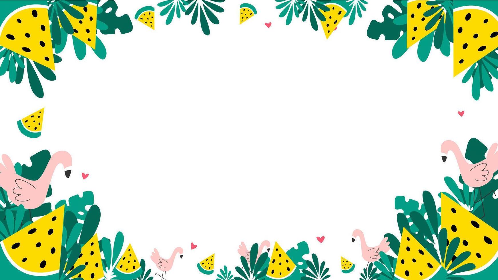 Summer white background decorated with yellow watermelons, tropical plants, flamingos, hearts and dot flat vector illustration. Background design for website in summer theme