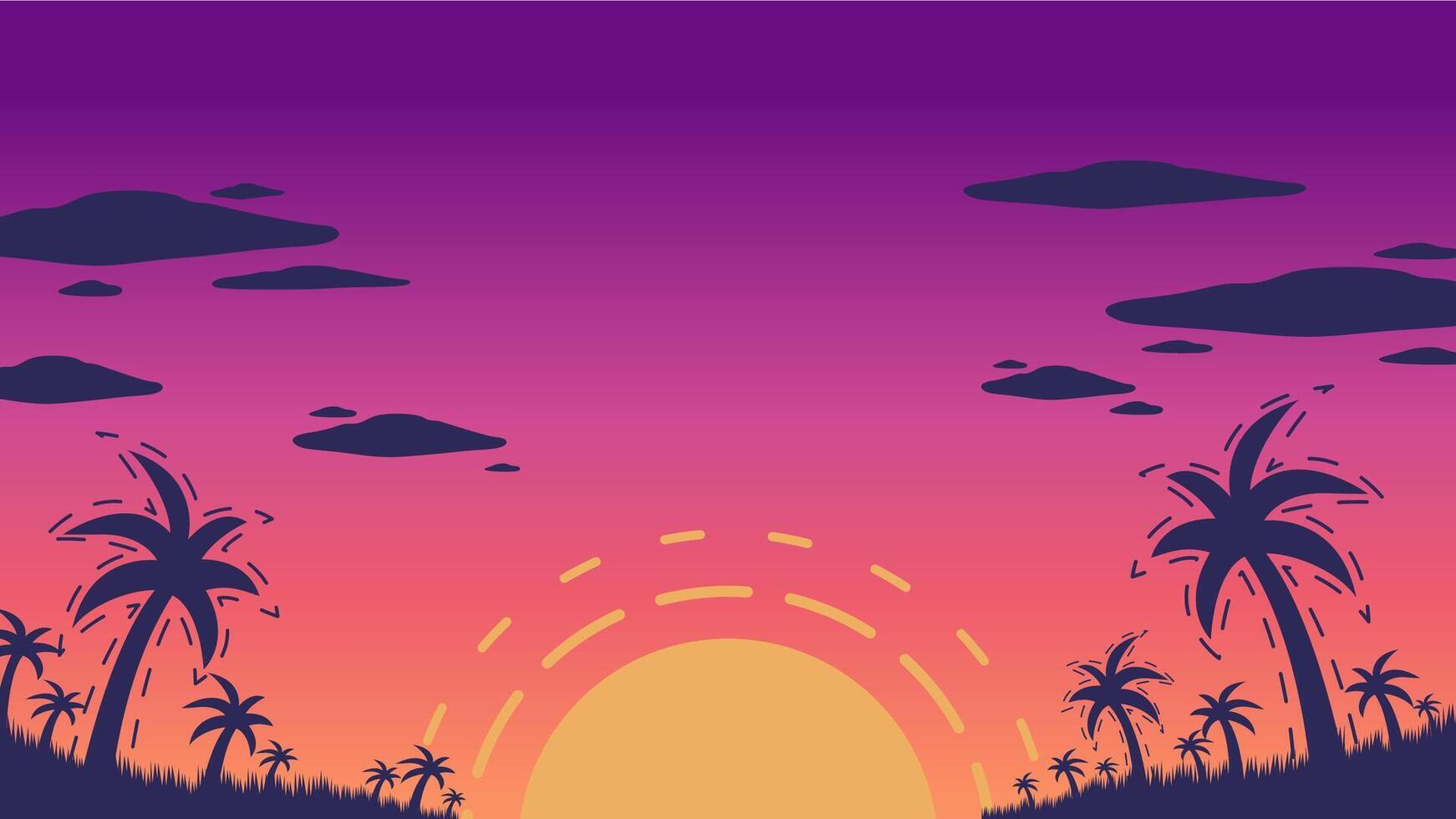 Sunset background with purple and orange sky, big sun in the middle and island with palm, coconut tree in silhouette style vector illustration. Summertime on the beach.