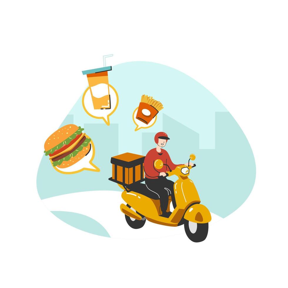 A food raider deliver food by yellow scooter motorcycle to home flat vector illustration isolated on white background. Online food delivery service concept. Delivery home and office