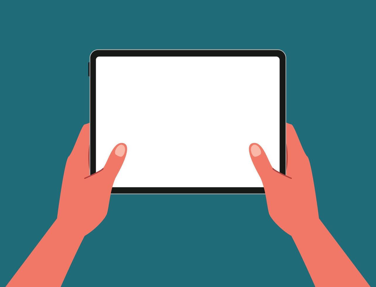 Top view of two hands using and holding a blank tablet for social media, working, content creator, study gaming or lecture flat vector illustration on white screen. Working on blank space tablet.