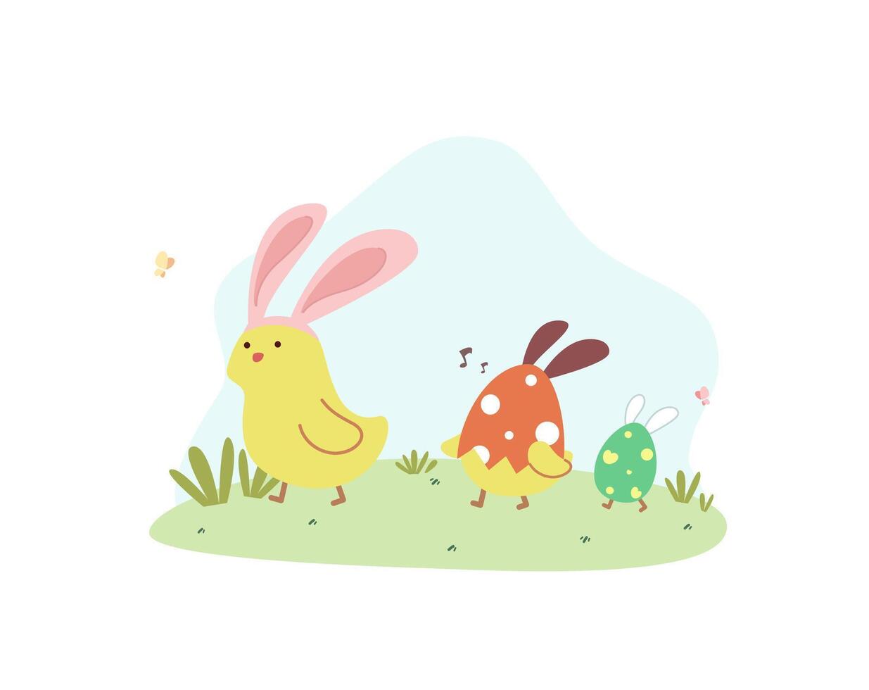 Cute pink buuny hold an easter egg and running on the grassland flat vector illustration isolated on white background. Happy Easter. Cute pastel animal character.