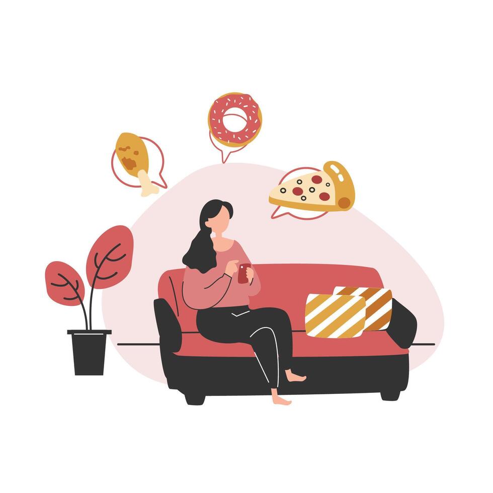 A woman order food via food delivery app by smartphone sitting on sofa at home flat vector illustration isolated on white background. Online food delivery service concept. Delivery home and office.
