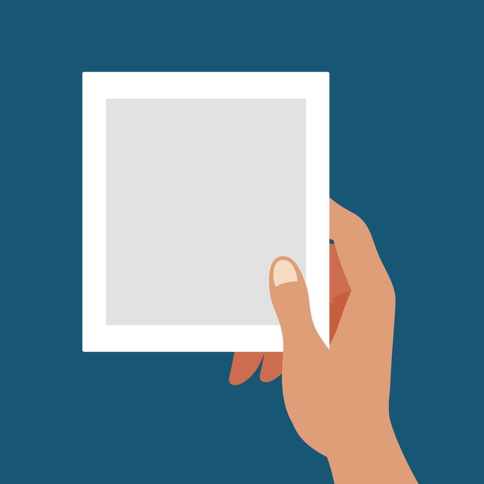 A beautiful hand grabbing a blank pictures template flat vector illustration. Set of pictures in one hand reminds lots of memories isolated background.