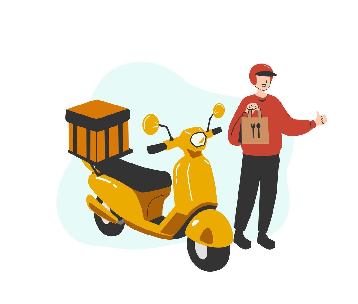 A food raider deliver food by yellow scooter motorcycle to home flat vector illustration isolated on white background. Online food delivery service concept. Delivery home and office