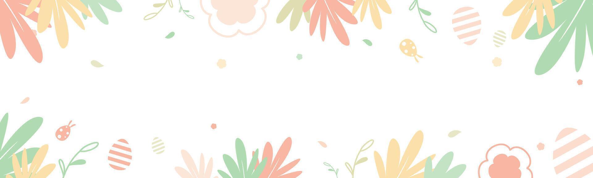 Happy Easter banner on white background decorated with colorful floral and leaves flat vector illustration. Horizontal pastel background design for website in spring theme.