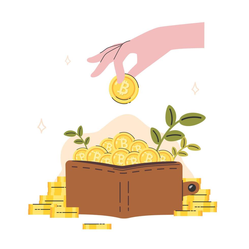 A hand dropping a cryptocurrency coin into a wallet decorating with a pile of gold coins and branches in money saving concept cartoon flat vector illustration isolated on white background.