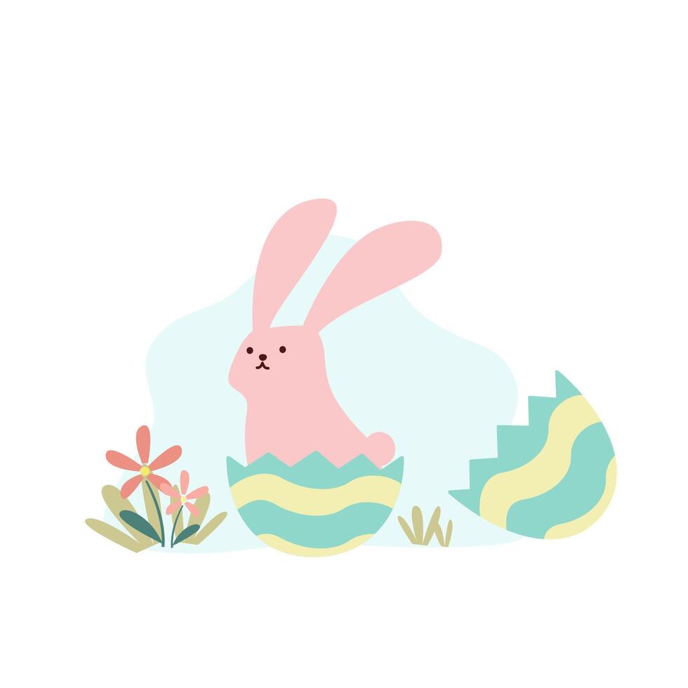 Cute pink buuny hold an easter egg and running on the grassland flat vector illustration isolated on white background. Happy Easter. Cute pastel animal character.