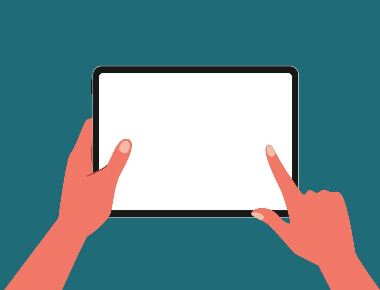 Top view of hands using point and slide a blank tablet for social media, working, content creator, study gaming or lecture flat vector illustration on white screen. Working on blank space tablet.