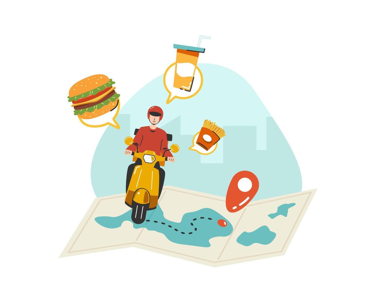 A food raider deliver food by yellow scooter motorcycle to home tracking location on map flat vector illustration isolated on white background. Online food delivery service concept.