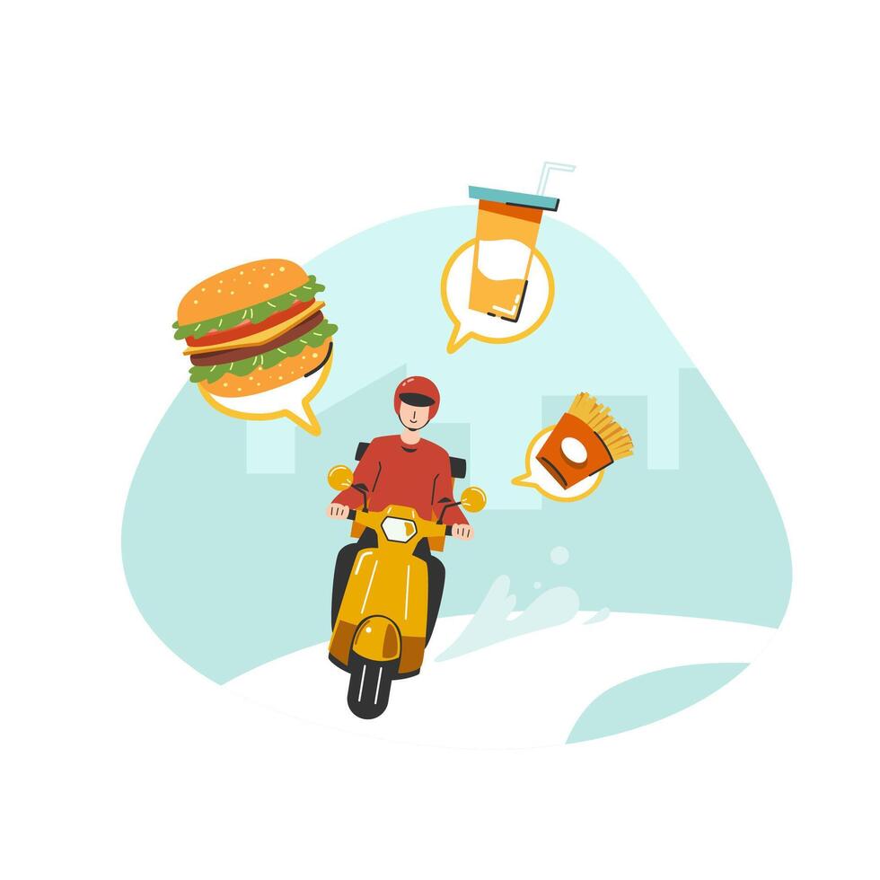 A food raider deliver food by yellow scooter motorcycle to home flat vector illustration isolated on white background. Online food delivery service concept. Delivery home and office
