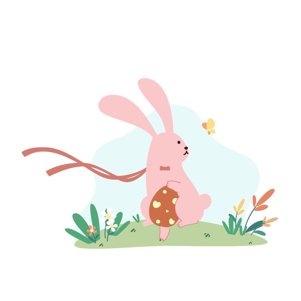 Cute pink buuny hold an easter egg and running on the grassland flat vector illustration isolated on white background. Happy Easter. Cute pastel animal character.