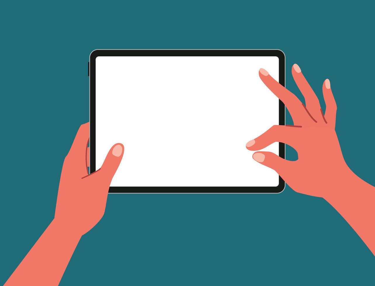 Top view of hands using and zoom in a blank tablet for social media, working, content creator, study gaming or lecture flat vector illustration on white screen. Working on blank space tablet.