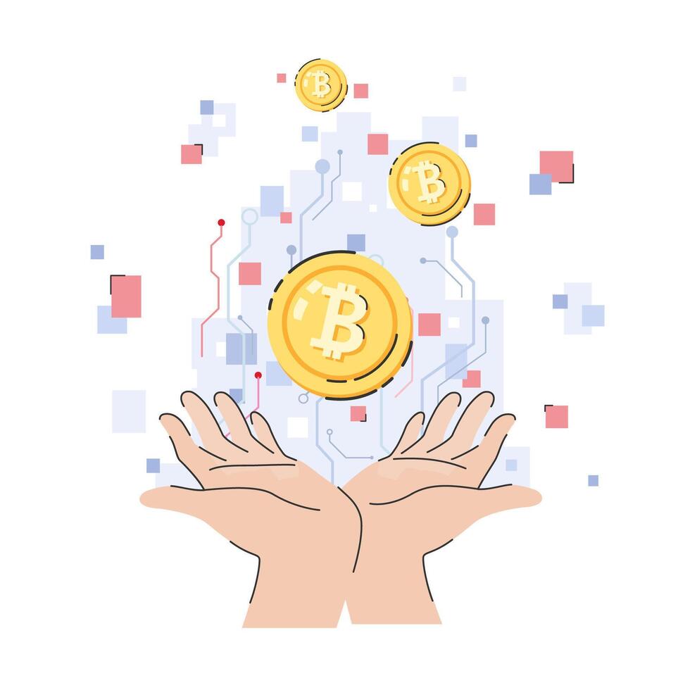 Two hands holding cryptocurrency coins on digital circuit background cartoon flat vector illustration isolated on white background. Cryptocurrency investment in modern technology concept.