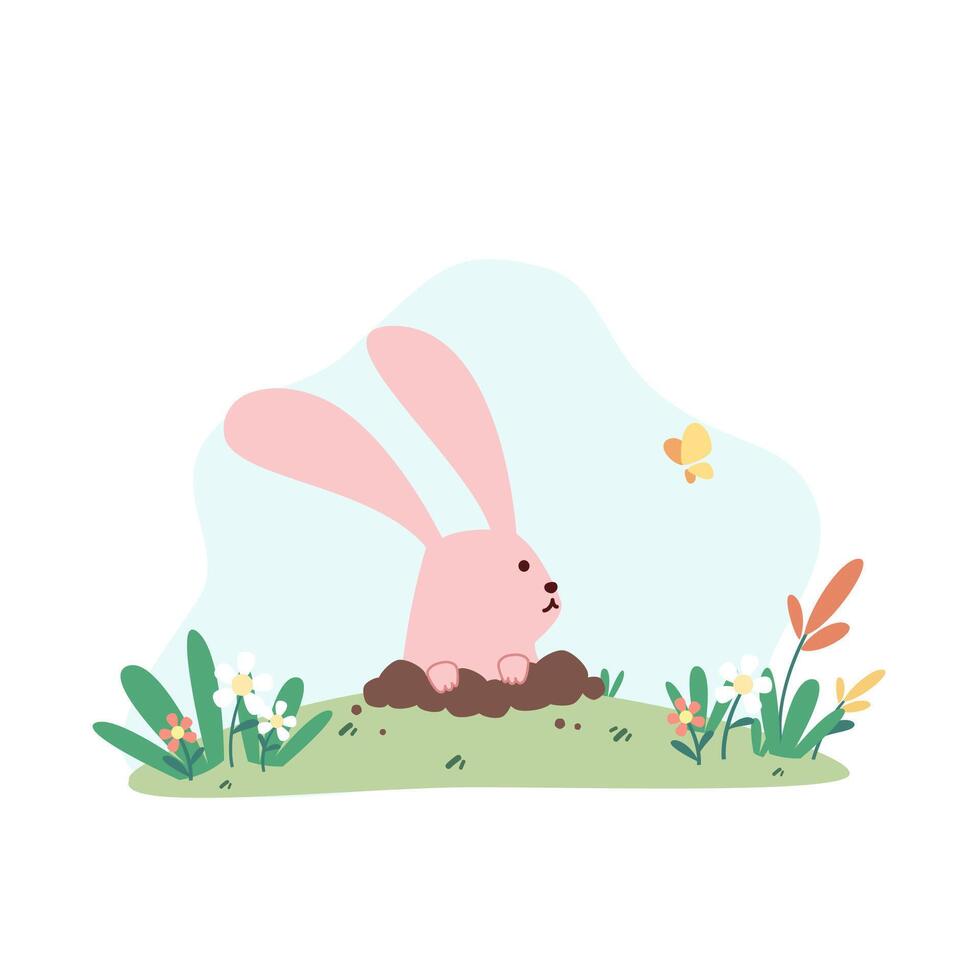 Cute pink buuny hold an easter egg and running on the grassland flat vector illustration isolated on white background. Happy Easter. Cute pastel animal character.