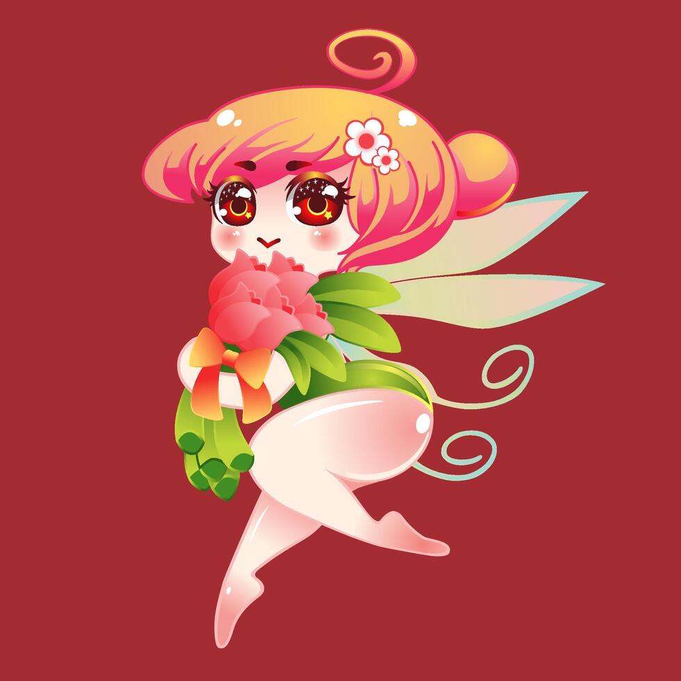 Cute little fairy carrying a beautiful tulip bouquet isolated on background cartoon character illustration. Fairy with flower in a fairytale. vector