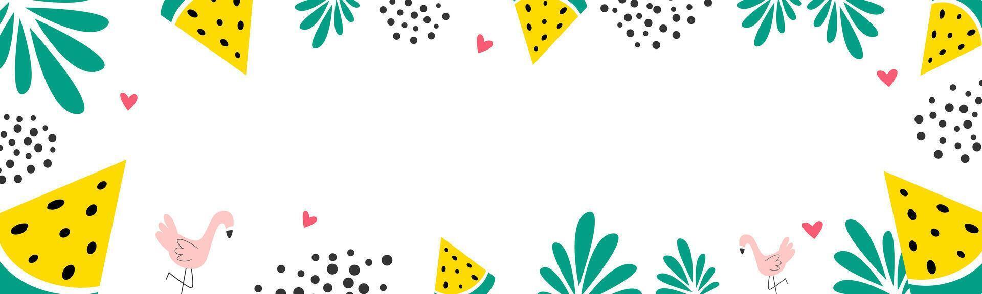 Summer banner decorated with yellow watermelons, tropical plants, flamingos, hearts and dots on white background flat vector illustration. Horizontal background design for website in summer theme