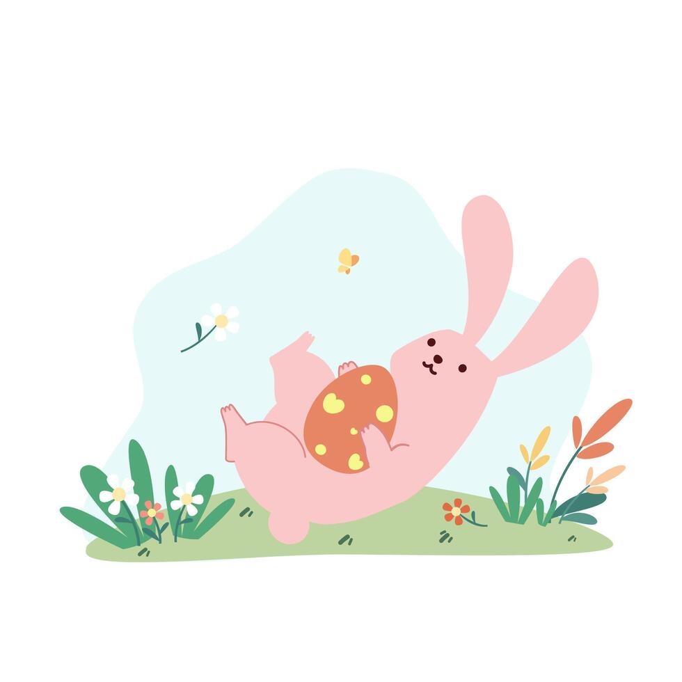 Cute pink buuny hold an easter egg and running on the grassland flat vector illustration isolated on white background. Happy Easter. Cute pastel animal character.