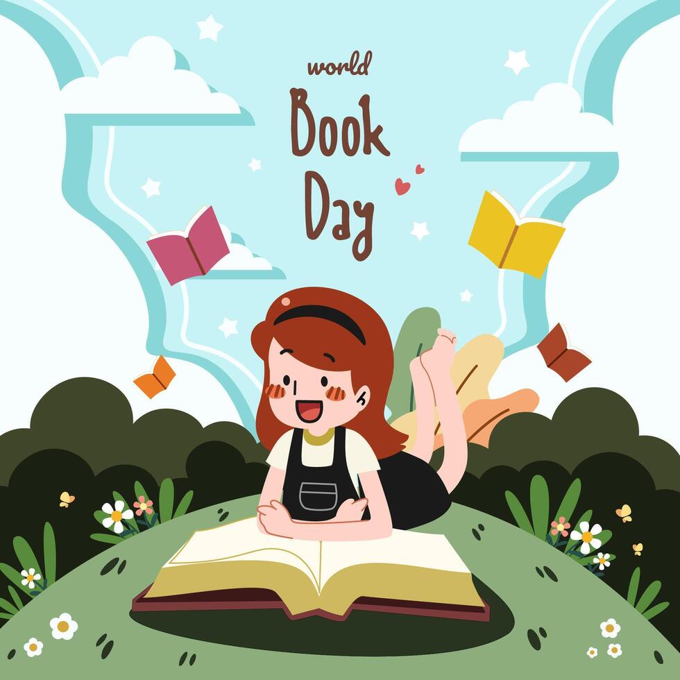 un linda niña leyendo un libro y disfrutar estudiando fuera de acostado en el césped en claro cielo día. mundo libro día concepto dibujos animados plano vector ilustración. internacional literatura día.