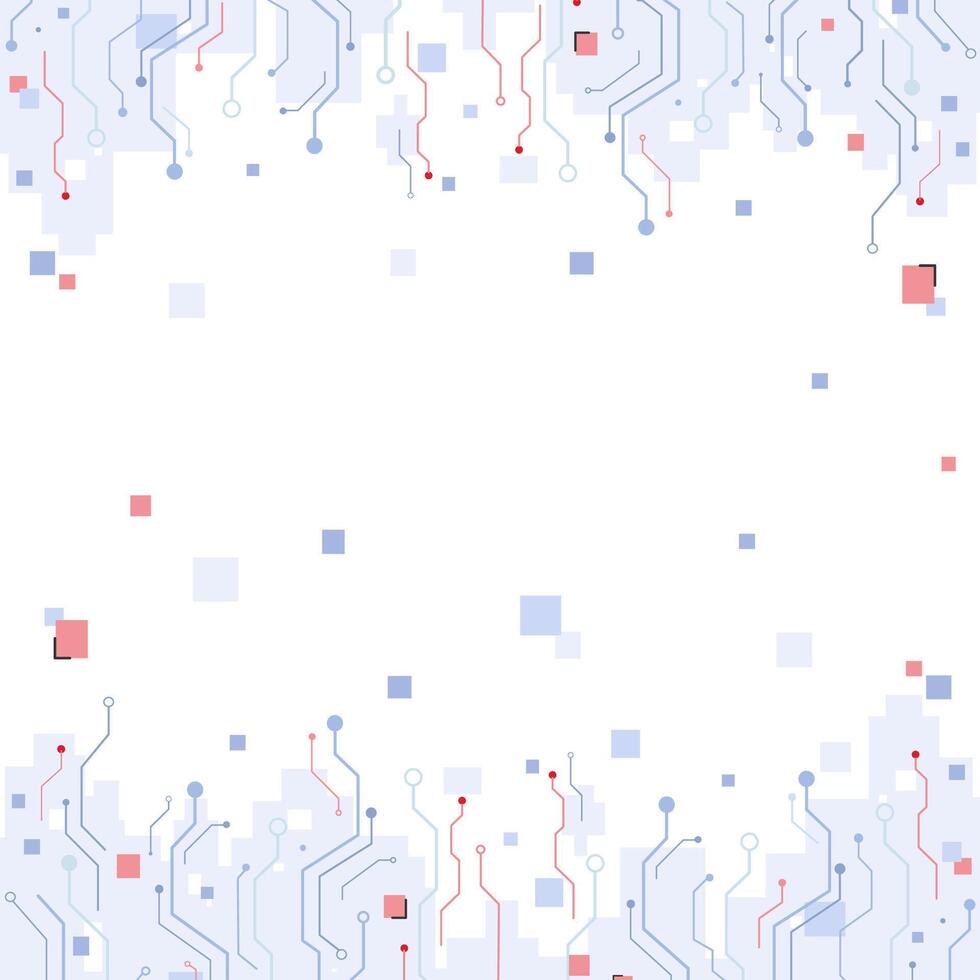 Blue and red circuit technology concept on white background. Clean square particle and line digital, electronic abstract. vector