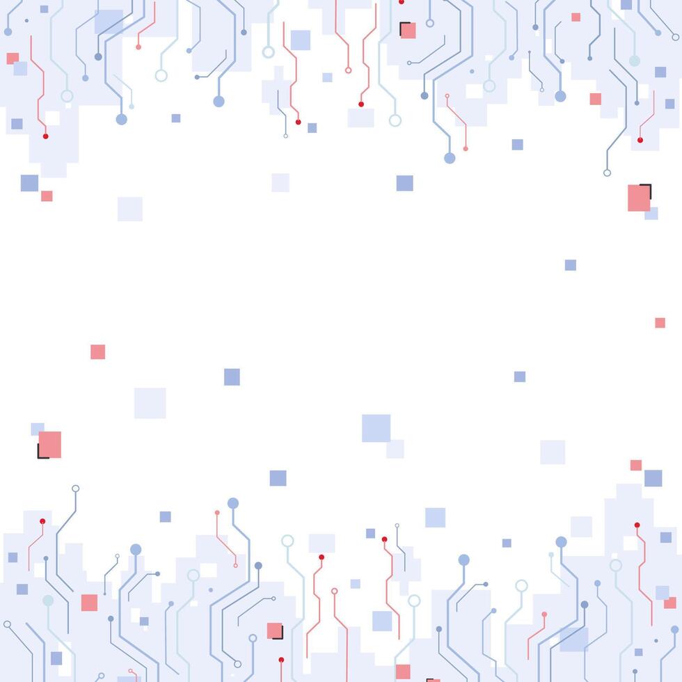 Blue and red circuit technology concept on white background. Clean square particle and line digital, electronic abstract. vector